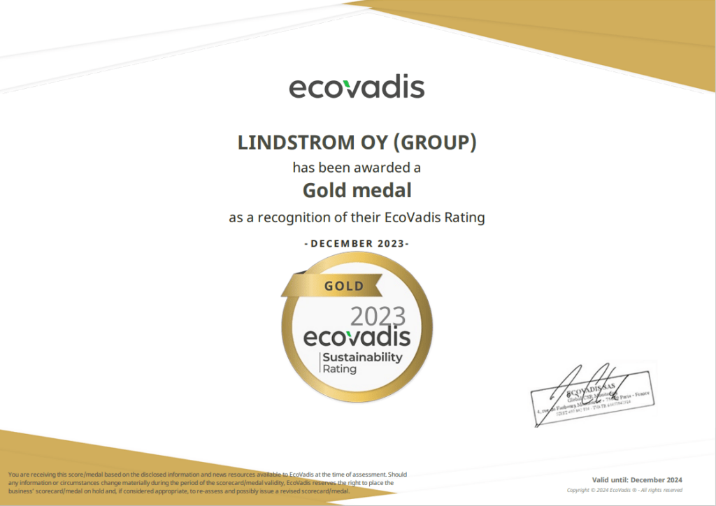 Lindström Ecovadis gold certification.